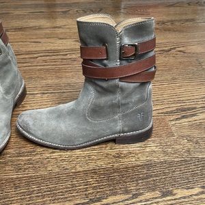 Frye boots size 7.5, green suede with brown leather wrap detail